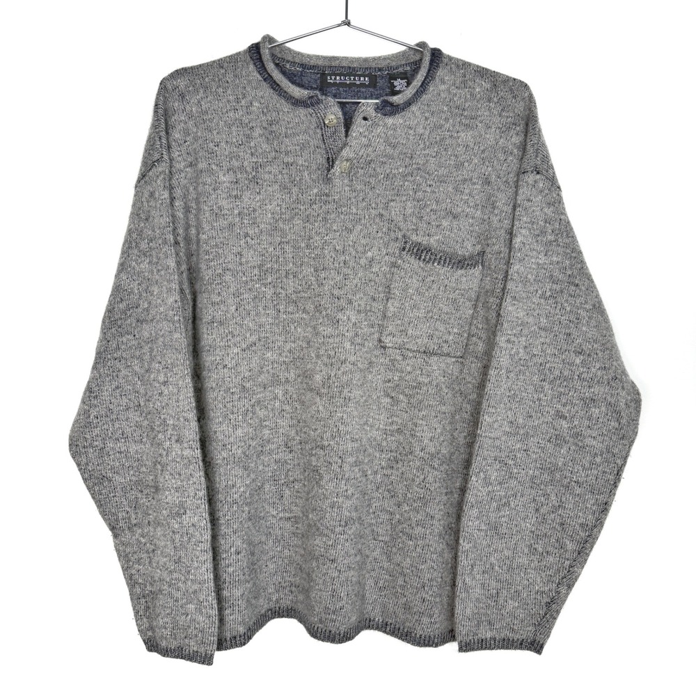 Vintage‎ Structure Mens Medium Gray Lambswool Rabbit Hair Blend Henley Sweater